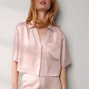Lunya Silk Cropped Short Sleeve Blouse Blush Pink S